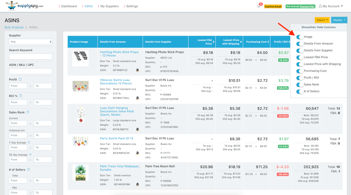 SupplySpy Customizable ASIN list views